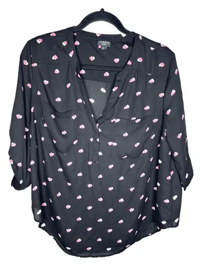 Torrid Shirt Womens Large Heart Print Split Neck 3/4 Sleeve Blouse Black Harper thumbnail 1