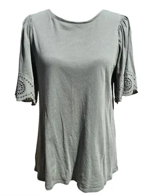 LOFT -1671 Short Eyelet‎ Sleeve Sage Green Top Medium thumbnail 1