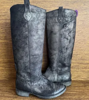 Paola Ferri Grey Black Distressed Suede Studded Moto Motorcycle‎ Boots 39 thumbnail 1