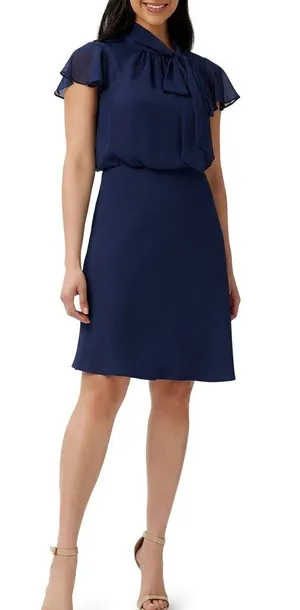 NWT Adrianna Papell Navy Blue Chiffon And Crepe Mock Neck Bow Dress Size 6 thumbnail 1
