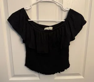 Y2K Abercrombie & Fitch Black Smocked Off Shoulder Ruffle Crop Top thumbnail 1