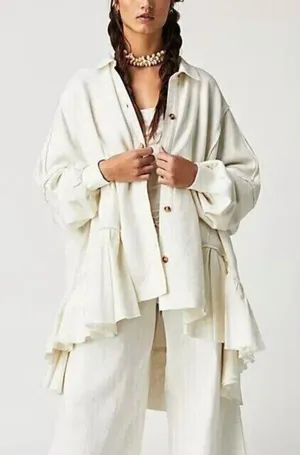 Free People Buttondown Ruffle Hem Shacket Women OS White‎ Oversized Cotton Boho thumbnail 1