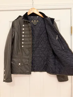 Barbour Brigade Military Wax Coated Jacket Dark Green Corduroy Collar sz 8 thumbnail 3