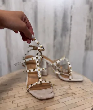 Qupid White Studded Block Heel Sandals Gold Stud Strappy Heels Womens Size 7 thumbnail 1