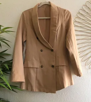 Slightly oversized beige tan double breasted long sleeve professional blazer thumbnail 1