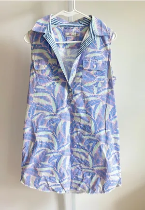 vineyard vines EUC Women's Mini Dress Blue Pink Palm Leaf Tropical Collared 10 thumbnail 1