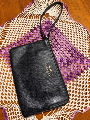Coach Black Pebbled Leather Wristlet with Gold Logo thumbnail 4