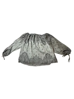 LOFT M Paisley Off Shoulder Boho Blouse Grey Gray Border Print Tie Cuff Peasant thumbnail 4