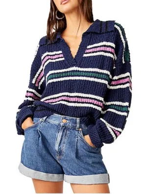 Free People Navy Blue Striped Chunky Knit Polo V-Neck Sweater Large thumbnail 1