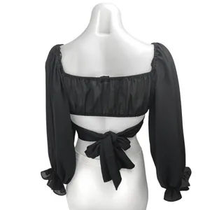 Hello Molly Women's Black 3/4 Puff Sleeve Wrap Tie Back Crop Blouse Top Size XS thumbnail 2