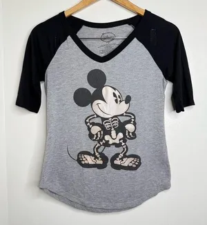 Disney Mickey Mouse Skeleton Halloween Raglan Shirt Size Small V neck thumbnail 1