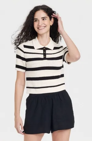 Universal Thread Women's‎ Striped Crochet Polo Knit Sweater White Black Large thumbnail 1