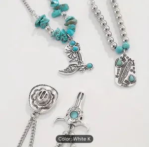 Women’s Bohemian Faux Turquoise & Silver Layered Pendant 4 Pc Necklace Set thumbnail 7