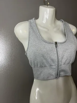 90 Degree By Reflex Sports Bra Womens Medium Gray Zip Front Ribbed Seamless thumbnail 2