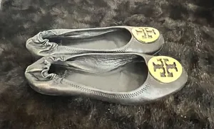 Tory Burch Reva Black Leather Ballet Flats Gold T Logo Classic Womens Size 7.5 thumbnail 1