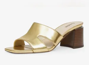 NEW Gold Vegan Leather Open Toe Heeled Mules Chunky Heel Sandals 6 thumbnail 1