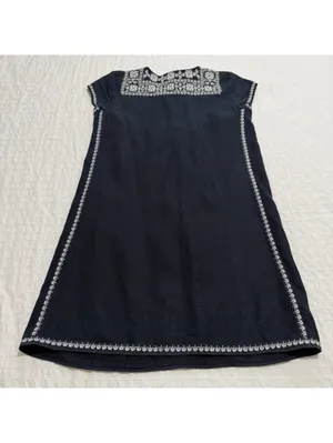 Calypso St. Barth 100% Linen Navy Blue White Embroidered Shift Dress Mini Small thumbnail 8