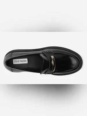 Steve Madden Black Leather Lug Sole Penny Loafers with Gold Hardware Size 10 thumbnail 2