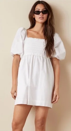 American Eagle Outfitters White Cotton Mini Puff Sleeve Smocked Ruffle Dress‎ S thumbnail 1