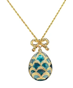 Vintage Blue Enamel Egg Pendant Necklace Bow Detail Gold Tone Chain‎ 18" thumbnail 1