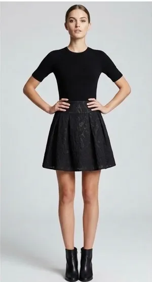 Nanette Lepore Black Jacquard Pleated Mini Skirt Back Zipper‎ Size 8 thumbnail 1