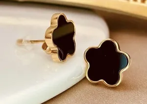 Gold Plated Black Clover Earrings Stainless Steel Floral Unisex Mens Womens thumbnail 1