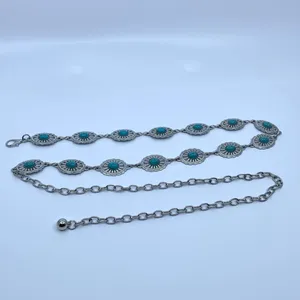 Silver Turquoise Oval Western Boho Chain Belt, Fits 24-43 Inches, X7GA1264 thumbnail 7