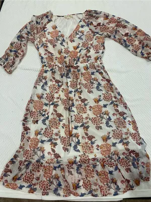Boho Floral V-Neck Tiered Midi Dress - White with Rust & Blue thumbnail 1