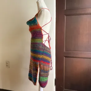 HANDMADE CROCHET Rainbow Stripe Strappy Back Mini Dress Swim Cover up M/L thumbnail 3
