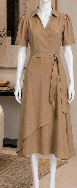 COOL nx Womens Wrap Dress Tan Brown Collared Belted Short Sleeve Medium thumbnail 1