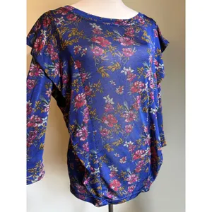 Free People Blue Floral Ruffle boho whimsi‎ dainty cottage top shirt blue Medium thumbnail 2