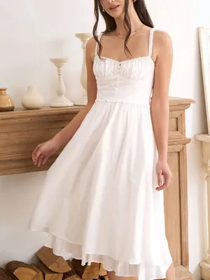 Rihoas White Ruched Slip Cotton Midi Dress thumbnail 1