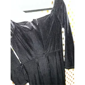 Goth Black velvet evening gown dress with thigh slit long sleeve size L thumbnail 7