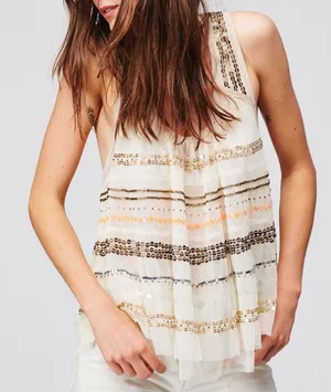 Free People Mercury Sheer Beaded Blouse Tank Top S Tiered Boho Fairy Festival thumbnail 1