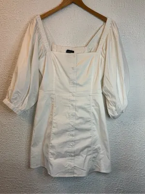 DANIELLE BERNSTEIN Button-Front Puff Sleeve Mini Dress in Cream thumbnail 1