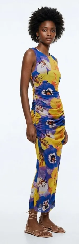 Zara Vibrant Floral Print Mesh Maxi Dress Criss Cross Open Back S thumbnail 1