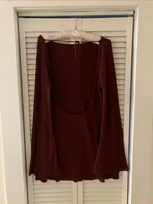 Meshki Zahra Open Back Long Flare Sleeve Burgundy Brown Mini Dress thumbnail 4