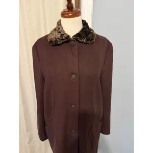 1980s Estuary Lenka K Brown Wool Blend Faux Fur Collar Longline Button Coat thumbnail 13