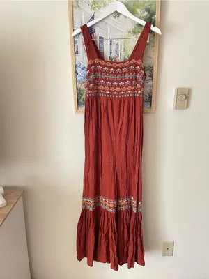 Natural Life Rust Boho Embroidered Wide Leg Jumpsuit Ruffle Hem Size Medium thumbnail 2