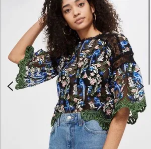 Topshop Floral Peacock Embroidered Crochet Top thumbnail 1