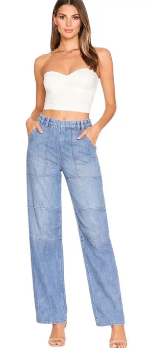 Free People Wide Leg High Rise Denim Light Wash Jeans Pullon Size S thumbnail 1