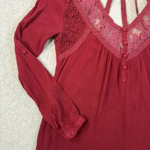 Miss Me Women's XS Burgundy Cut Out Lace V-Neck Blouse Roll Tab Long Sleeve thumbnail 4