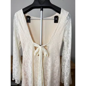 SHEIN Cream Lace Open Back Mini Dress Long Bell Sleeve Tie Back Large thumbnail 6