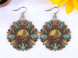 Sunflower shaped pendant drop‎ leopard pattern wooden hook earrings thumbnail 1