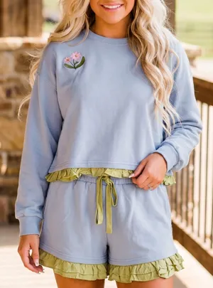 Blakely Blue Ruffle Lounge Set XS Embroidered Floral Sweatshirt Shorts Pockets thumbnail 1