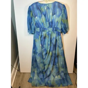Sissyyaki Women’s XL Blue Green Watercolor Floral V Neck Empire Waist Maxi Dress thumbnail 3