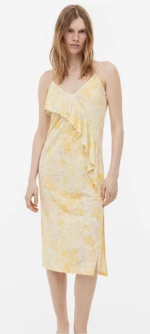 H&M Women’s XXL Yellow Floral Ruffle Midi Slip Dress Adjustable Straps thumbnail 1