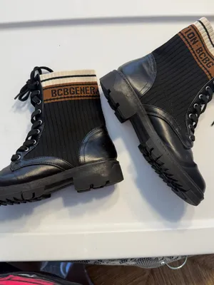 BCBG Black Knit-Shaft Combat Boots with Brown and Cream Trim Womens 6.5 thumbnail 4