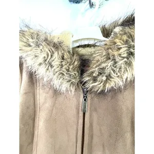 Gallery Women’s Jacket Faux Suede Leather Faux Fur Beige Size Large Hooded thumbnail 4