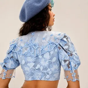 For Love & Lemons Uma Lace Crop Top S Blue Embroidered Puff Sleeve NWT Fairycore thumbnail 2